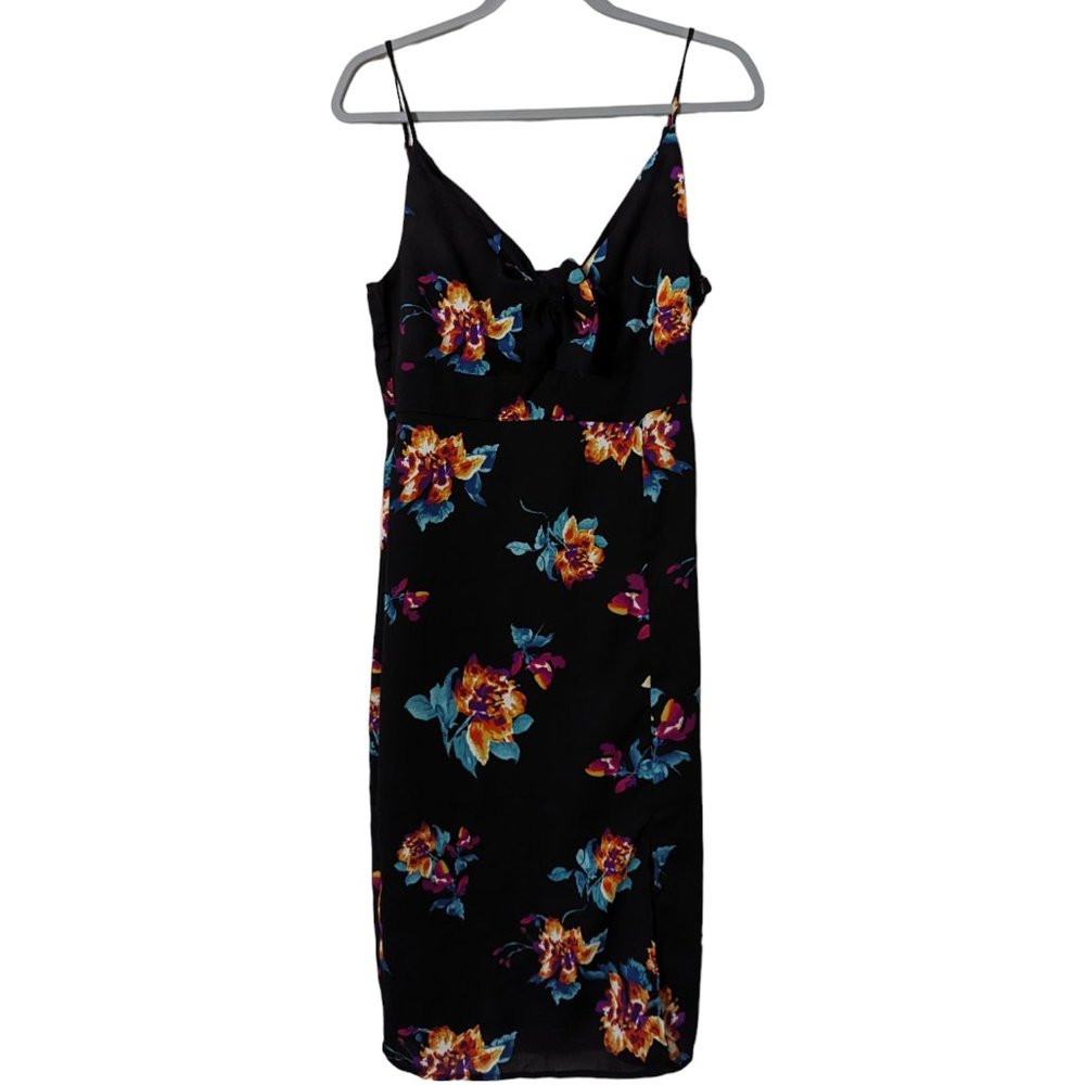Women's One Clothing spaghetti strap midi dress, black/multi, size L